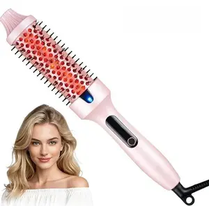 Salon Style 1.5 Inch Heated Round Brush  Negative Ions Thermal Curler  LED Display  Dual Voltage  Pink  Less Damage  Long-Lasting Waves for Hairstyling & Straightening