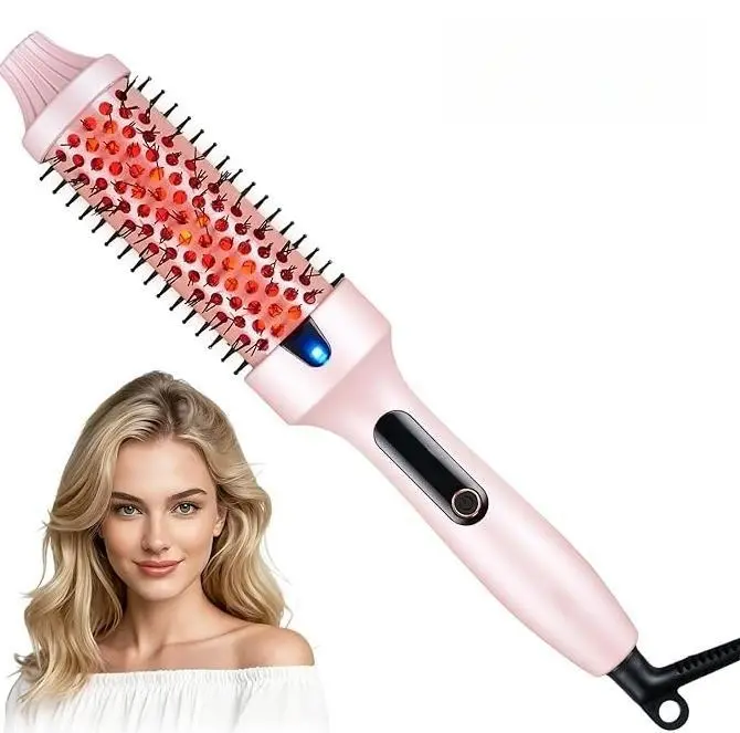 1.5 in Salon-Style Heated Thermal Round Brush - Heated Curler, Negative Ion Straightener, Negative Ions, LED Display, Dual Voltage, Pink, Less Damage, Long-Lasting Hairstyling Tool for Curly Hair