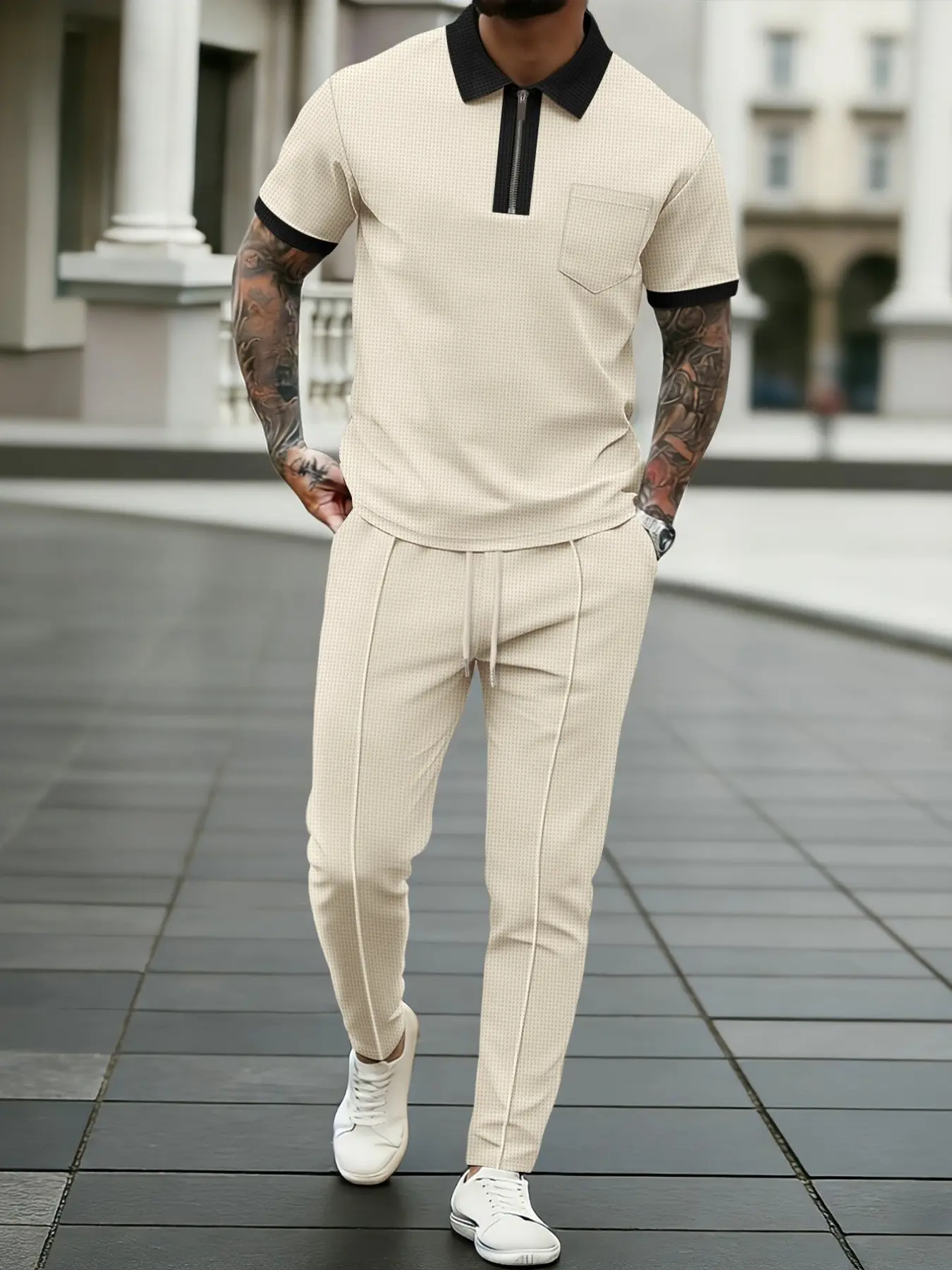 Men's Waffle Check Colorblock Polo Set, Menswear, Half-Zip Front, Colorblock Lapel, Chest Pocket, Drawstring Waist, Straight Leg Pants, Casual Style Set, Clothes