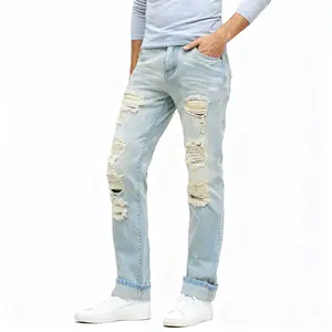 Blue Ripped Jeans For Men Slim Fit Denim Pants Mid Waist Straight Leg Casual Trousers,Mens Skinny Jeans, Distressed Tapered Leg Fashion Pants,Men's Hip Hop Denim Pants with 5 Pockets，Menswear Classic StreetStyle Cotton Fabric Jean