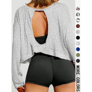 Women’s solid-color backless sports T-shirt, yoga/gym exercise casual long-sleeve T-shirt, breathable sports top, four-season women’s activewear, cutout sportswear GARMENTARY