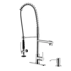 WOWOW Commercial Single-Handle Arc Shape Pull-Out Sprayer Kitchen Faucet with Soap Dispenser, Solid Brass Construction, Polished Chrome Finish for Restaurants