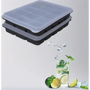 2 Pack Easy Release Silicone Ice Cube Trays with Lids - 15 Large Ice Cube Molds, Flexible, Stackable, Reusable Freezer Trays for Whiskey, Beverages, Baby Food, BPA Free (Black)