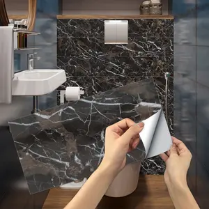 6/12/24/48 PCS FG Retro Tile Stickers Black Brown Vein Marble PVC Crystal Film Self-Adhesive Waterproof Oil-Proof Splashback for Kitchen Bathroom Floor Tile Wood Home Decoration