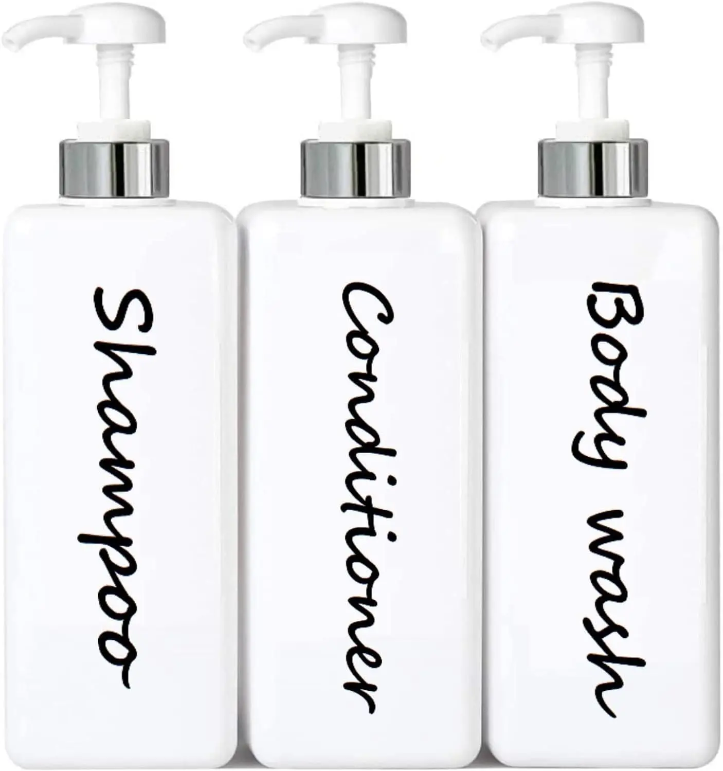 21oz Shampoo and Conditioner Dispenser (Set of 3) Modern Refillable Shampoo Pump Bottles for Shower Soap - Empty Shampoo Conditioner Body Wash Dispenser Set - Stylish Permanent Labels - for Bathroom