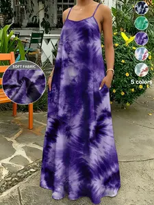Plus Size Women's Casual Tie Dye Halter Long Dress, 5 Colors Available, Loose Fit Slimming Colorblock Print Skirt, Daily Commute Vacation Wear