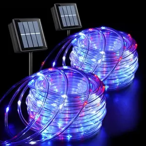 QITONG Red White Blue Solar Rope Lights, 2 Pack Each 33ft 100 LED 4th of July Lights Outdoor, 8 Modes Fairy Lights in Clear Thin Tube for Patriotic Independence Memorial Day Decor