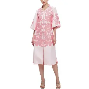 D-Sun Women Casual V-Neck Mid Dress Floral Embroidery 3/4 Sleeves Spring Summer Tunic Dress Loose Zip Party Dress with Pocket