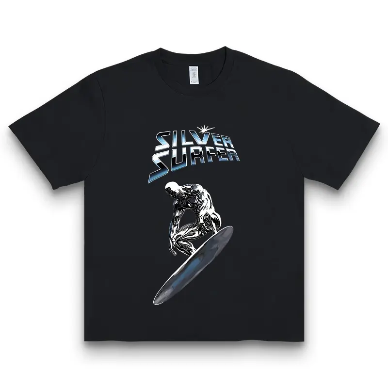 Men's Oversize Acid Washed Cotton Graphic T-Shirt - Silver Surfer Comic Art, Short Sleeve Round Neck Menswear Clothes, Christmas Apparel, Medium Length, Machine Washable Tops