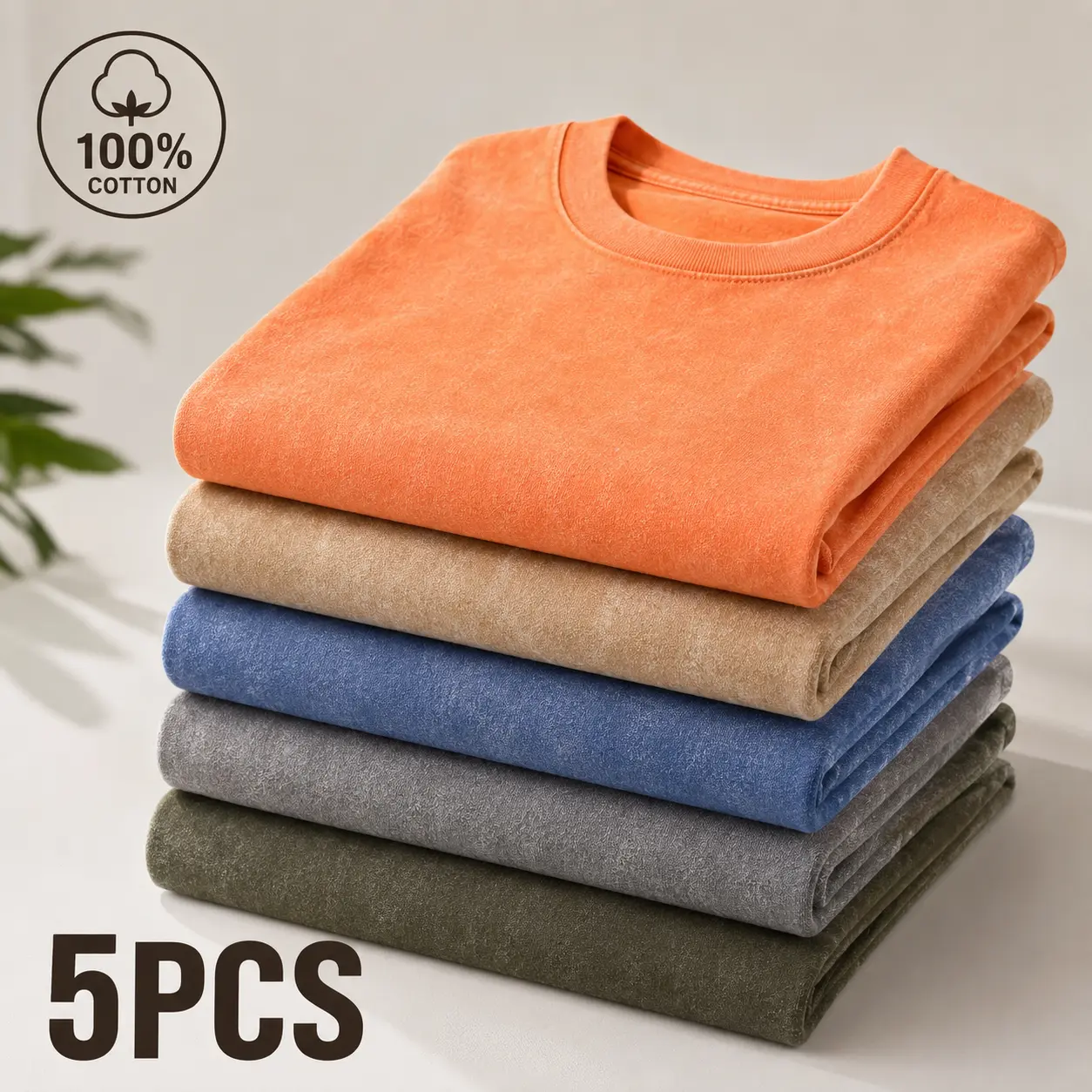 5 Pack Men's Garment Dyed Cotton T-Shirts, Breathable Soft Short Sleeve Crew Neck Tops with Relaxed Oversized Shape, Comfortable Everyday Basics, Fashionable Versatile Tees for Layering, Street Style, Travel, Holidays, Weekend Looks and Casual Summer Wear