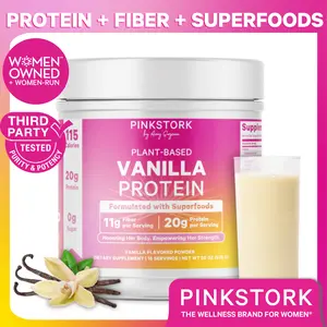 Pink Stork 20 g Protein + Fiber + Superfoods | Vegan | Vanilla | 0 g Sugar, Sweetened with Monk Fruit | 115 Calories | Plant-Based Pea Protein | Formulated for Women | Energy, Digestion, No-Bloat Blend