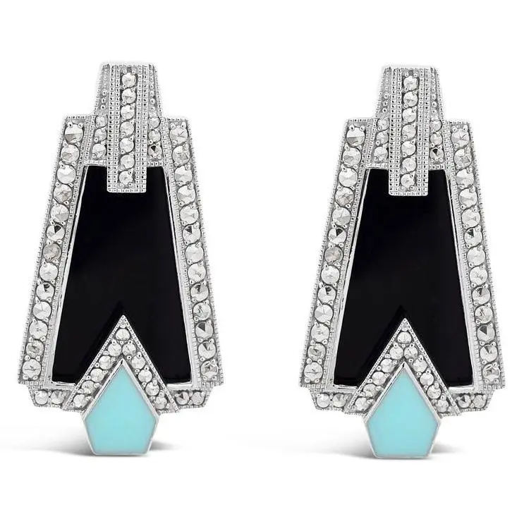 Dallas Prince Sterling Chrome Marcasite & OnyxDeco Earrings