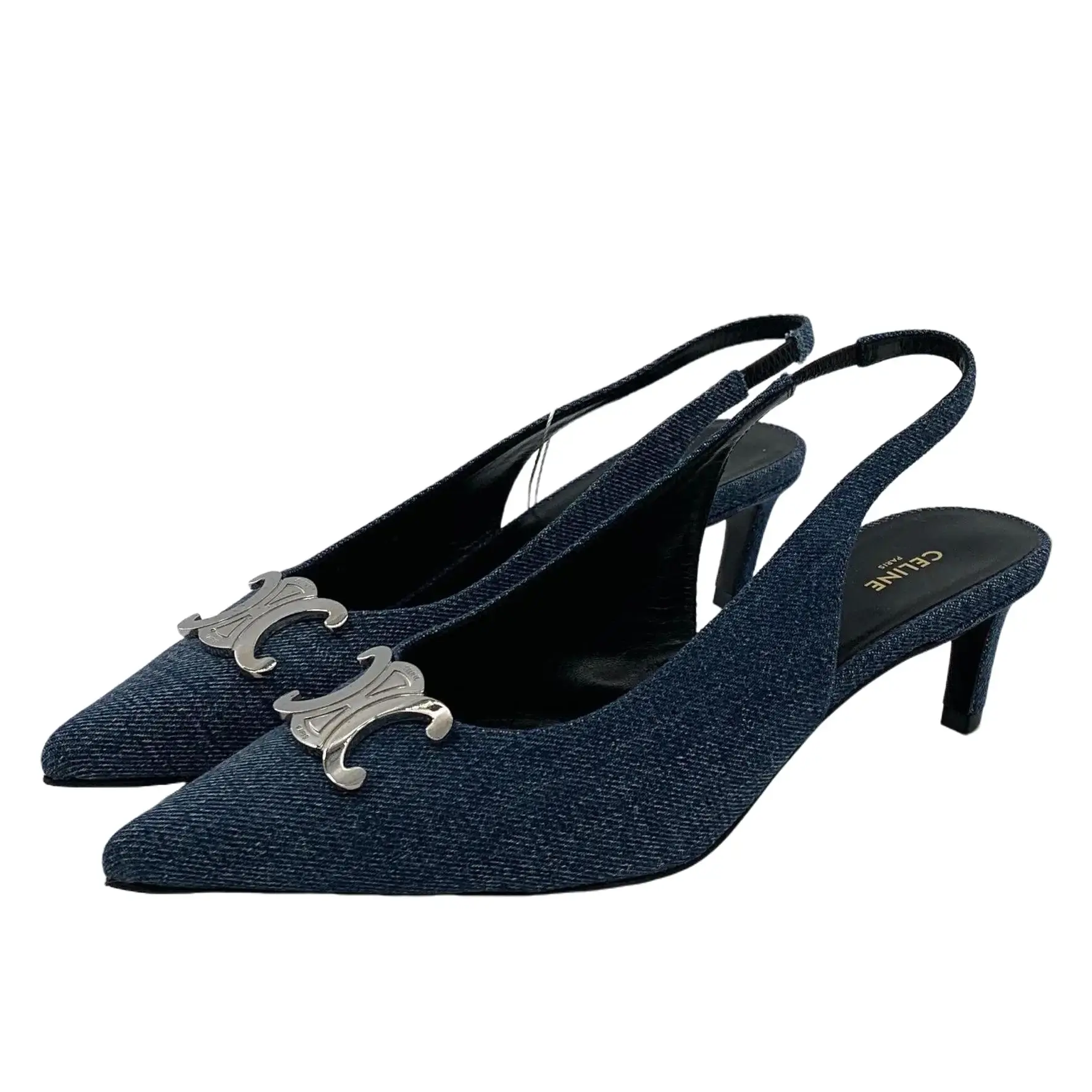 RDLT-Celine size 38 dark blue triomphe logo strap stiletto high heel sandals-H38131