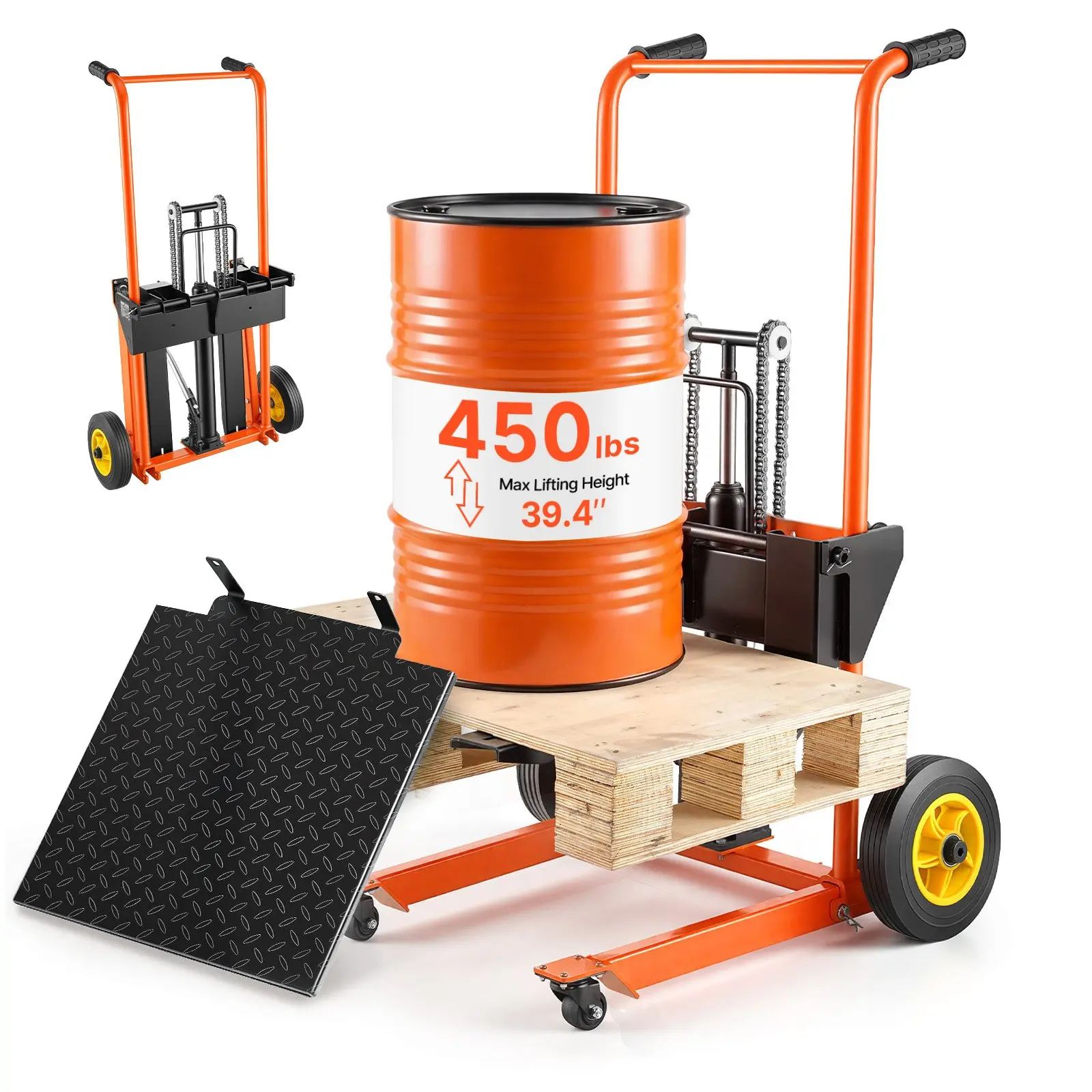 【Father's Day Gift】VEVOR Metal Hydraulic Stacker Winch, 450 lbs Load, 39.4 in Max Height, Collapsible Portable Pallet Jack Cart with Fork Table, 110.23 lbs Option, Orange & Black, 49.61x28.94x11.02 in, Stack & Move Dual Functionality for Warehouse Use