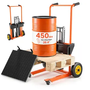 【FathersDayGift】VEVOR Hydraulic Material Lift Winch Stacker, 450 lbs Load Capacity, Pallet Truck Dolly with Fork Lift Table, 39.4 Inches Max Lifting Height, Foldable & Portable Pallet Jack Table Cart, Orange & Black