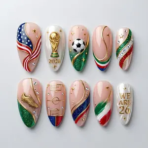 2026 Soccer Tournament Press On Nails, 3D Football Ball and Gold Cleat Fake Nails, Sports Fan Custom Nail Art, Black Red Green Gold Nails