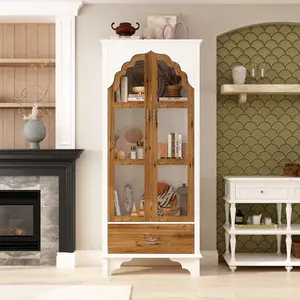 Carved Pooja Mandir Storage Cabinet - 3-Tier Shelves w/2 Glass Doors & Drawer, Multi-Functional Display Cabinet for Living Room/Prayer Room Interior