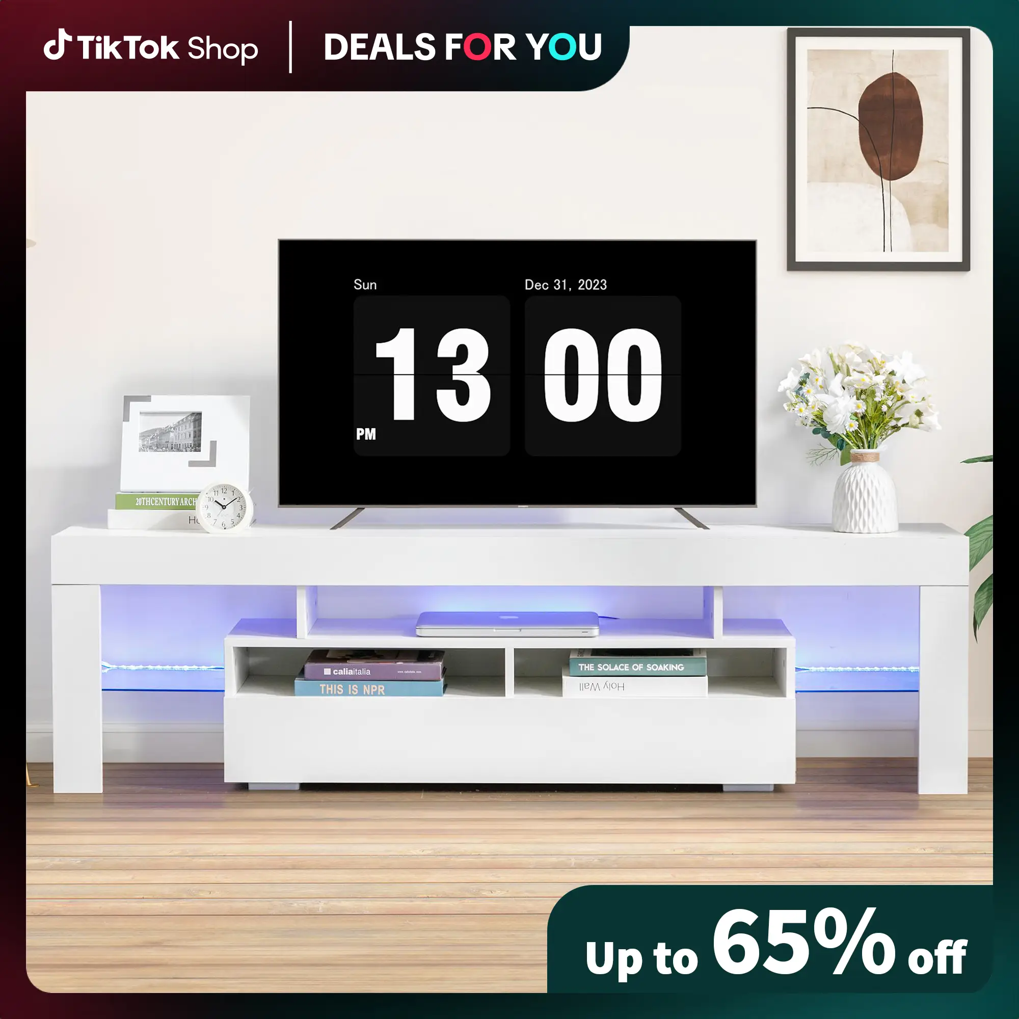 [Dealsforyoudays]CANMOV TV Stand with LED Lights up to 75 inch TV, Gloss Media Console with Storage Shelves & Drawers for Living Room, bedroom furnitu