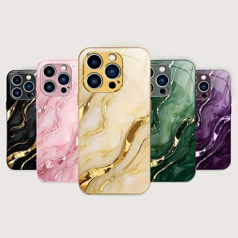 Luxury Marble Phone Case with Gold Foil Lines for iPhone 17 16 15 14 13 12 11 Pro Max Samsung S26 S25 S24 S23 Ultra, Elegant Aesthetic Glass Protective Cover 995