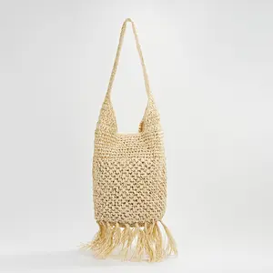 The Hamptons Raffia Fringe Shoulder Bag - Crochet Straw Hobo Shoulder Bag for Summer Beach & Vacation versatile