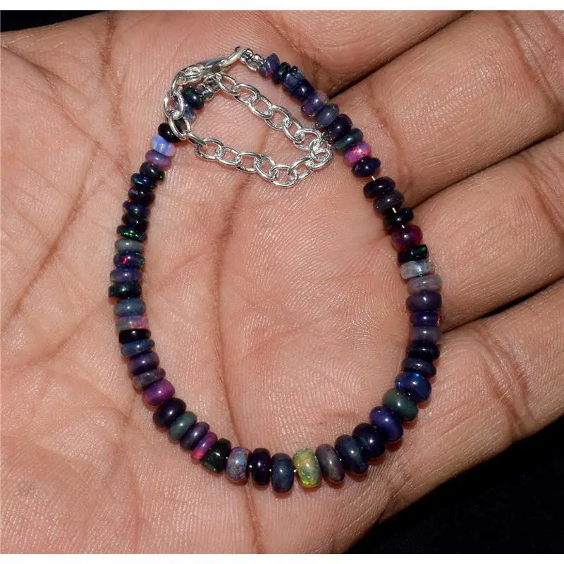 925 Sterling Silver 100%Natural Ethiopian Opal 3To5MM Beads 7"Bracelet F2005