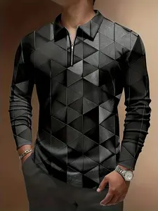 Geometric pattern men's fashionable outdoor street casual long sleeved button polo shirt