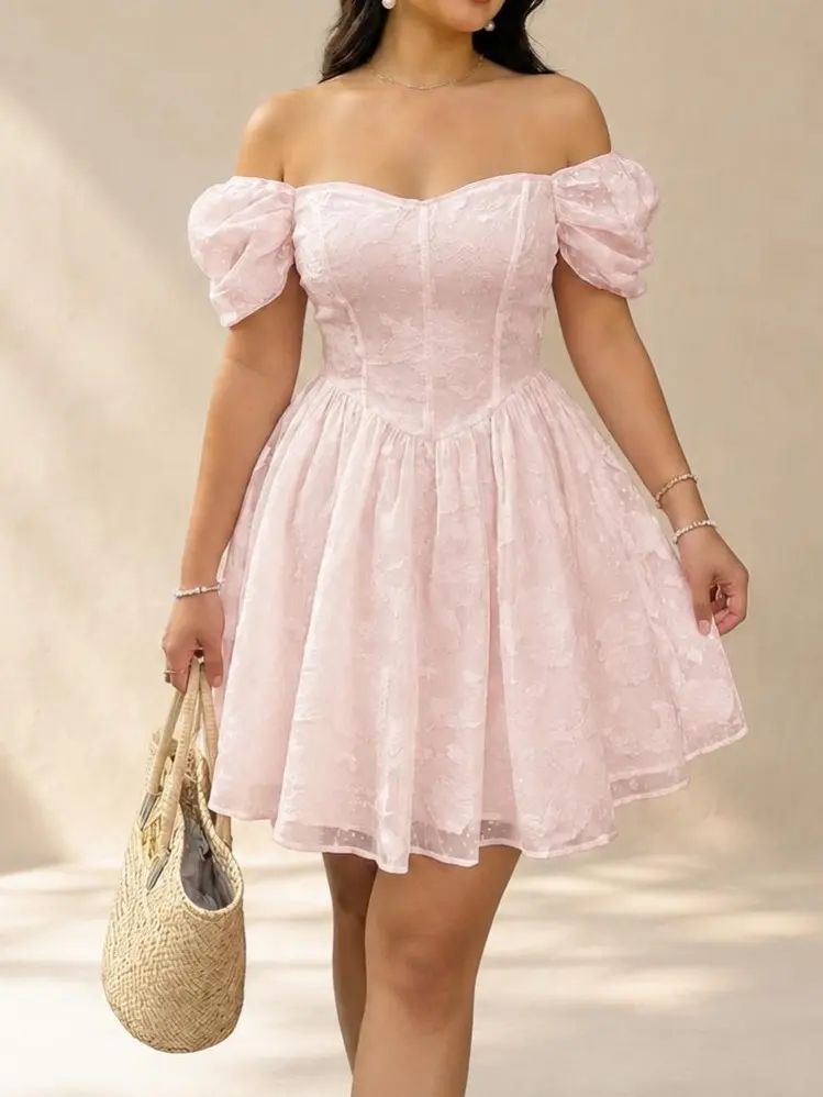 Women's Plus Size Off-Shoulder Puff Sleeve Polyester Milkmaid Dress - Chic, Flattering Fit Fabric, Elegant Sweetheart A-Line Wedding Guest Party Dress Gift