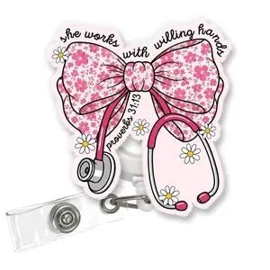 She Works with Willing Hands Proverbs 31:13 Badge Reel, Floral Bow Bible Verse ID Holder for Nurse Medical Assistant TCB