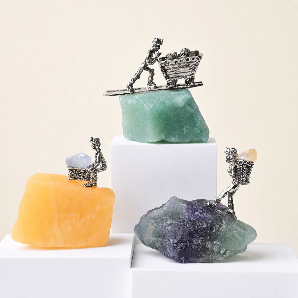 Miniature Silver Miner Figurine on Raw Crystal Base, Unique Mining Scene Collectible for Crystal & Geology Hobbyists, Tiny Mineral Decor for Desk, Great Gift for Rock Collectors and Enthusiasts
