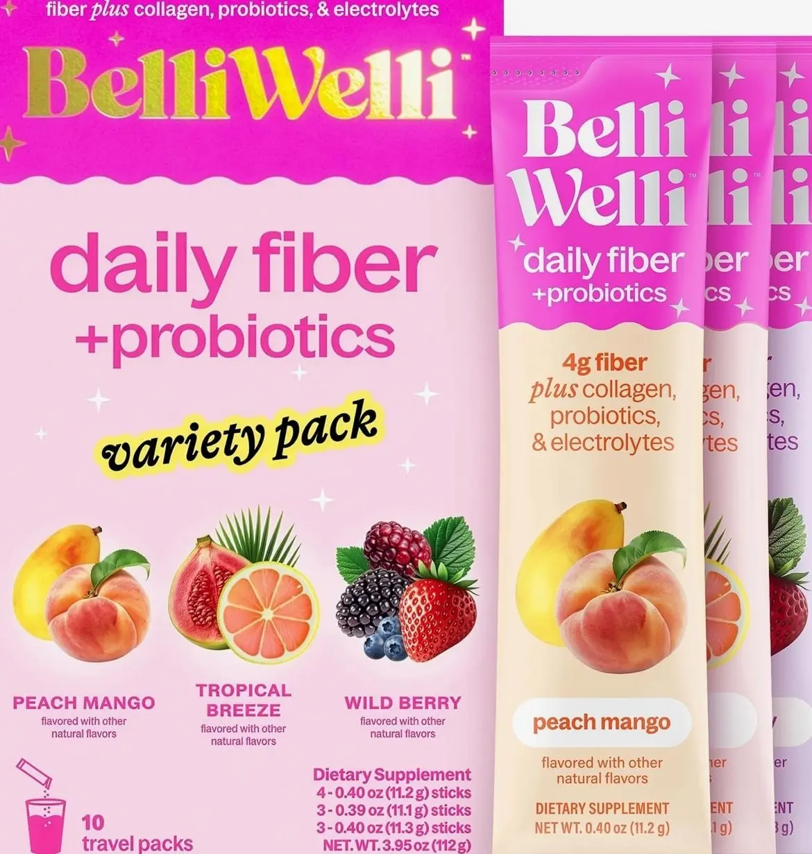 Belli Welli Fiber Supplement, Probiotics Fiber Powder Travel Pack for Women with Collagen & Electrolytes for Daily Gut Health & Debloating, Variety Pack, 10 Packets