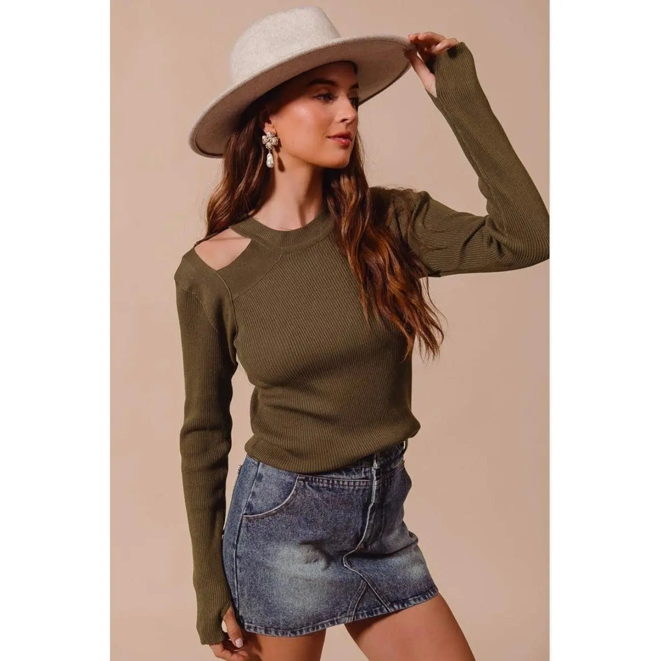 Rib Knit Top with Shoulder Cut Out- Olive