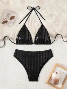 Women's Sexy Sequined V-Neck Flattering Bikini Set, High-Waisted Backless Halter Tie Swimsuit, Pure Color Two-Piece Swimwear, Halter Bikinis Set