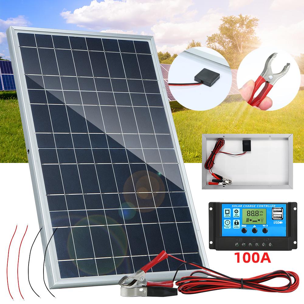 10W Portable Solar Panel Kit with 100A Controller, Multi-Crystalline 12V Battery Charger for RV Camping Home Backup, Complete Set with Cables