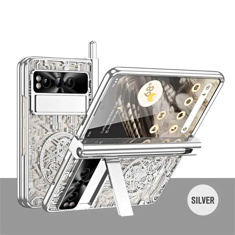 Plated PC Hinge Folding Stand Phone Case For Google Pixel Fold Transparent Screen Tempered Film With S Pen Slot Protective Cover