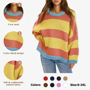 FISOEW Womens Oversized Sweaters Casual Long Sleeve Color Block Crewneck Knitted Loose Fall Pullover Tops Womenswear Knitwear Fit Comfy #TikTokShopHolidayHaul Soft Overall Everyday