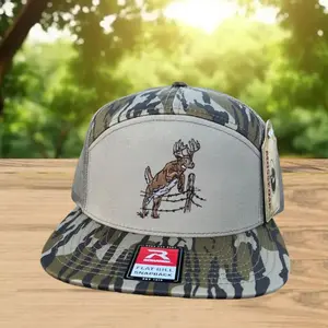 [BUY 1 GET 1] Deer Hunting 7 Panel Hat | Fence Jump Embroidery Design | Bottomland Camo Flat Bill Trucker Cap | Hunting Mesh Snapback