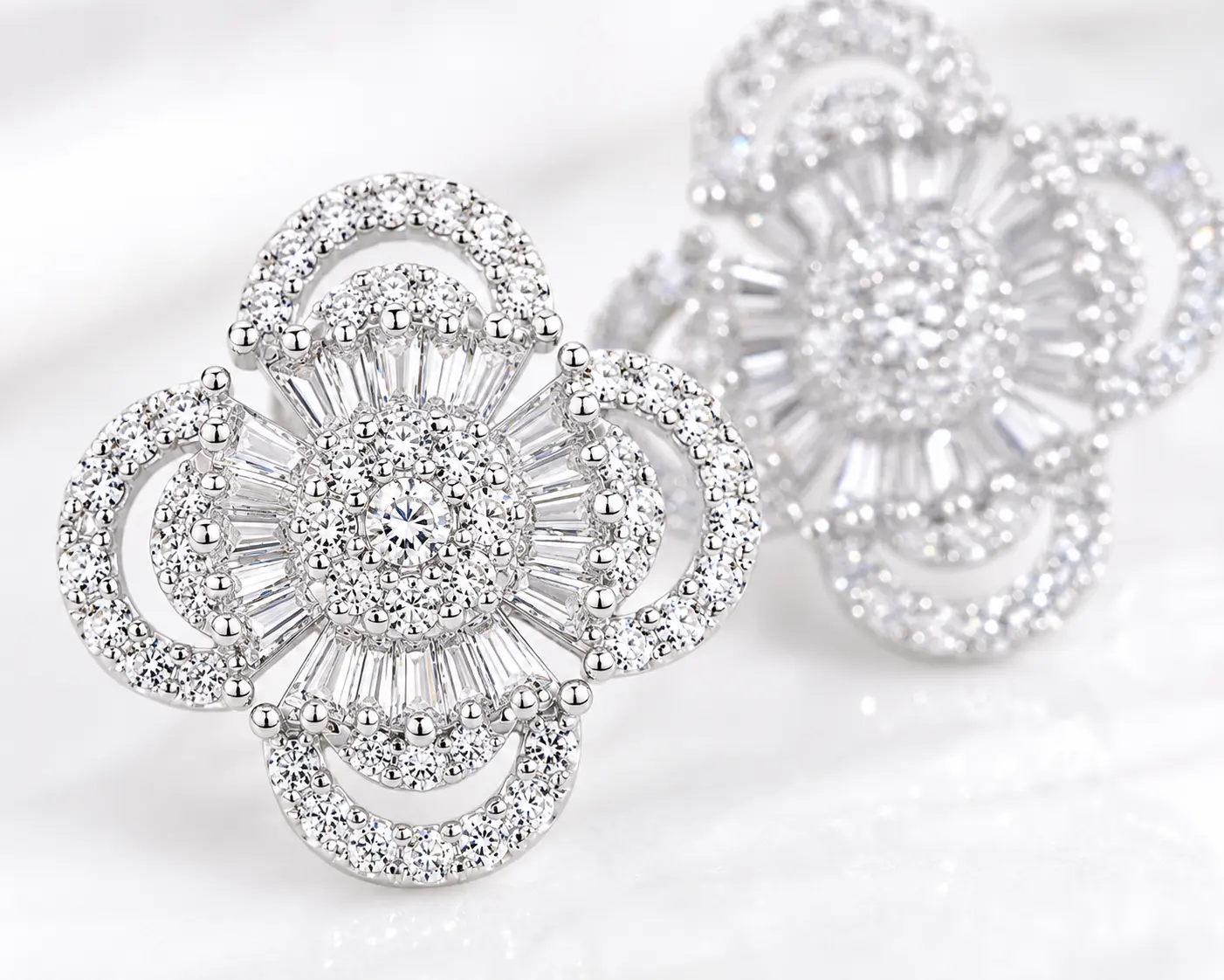925 Sterling Silver Elegant Flower Stud Earrings - Baguette, Flawless Cubic Zirconia Earrings for Any Occasion (UK Jewelry)