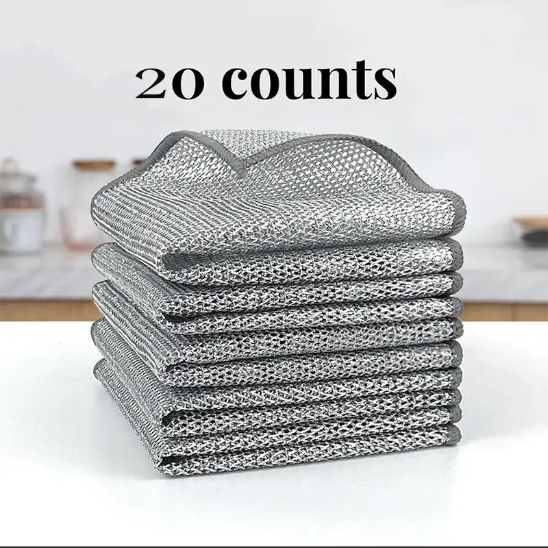 20 Counts single layer Dishwashing Rag，Multipurpose Non-Scratch Wire Dishcloths for Wet and Dry Use, Reusable Wire Cleaning Cloths for Kitchen, Sinks,