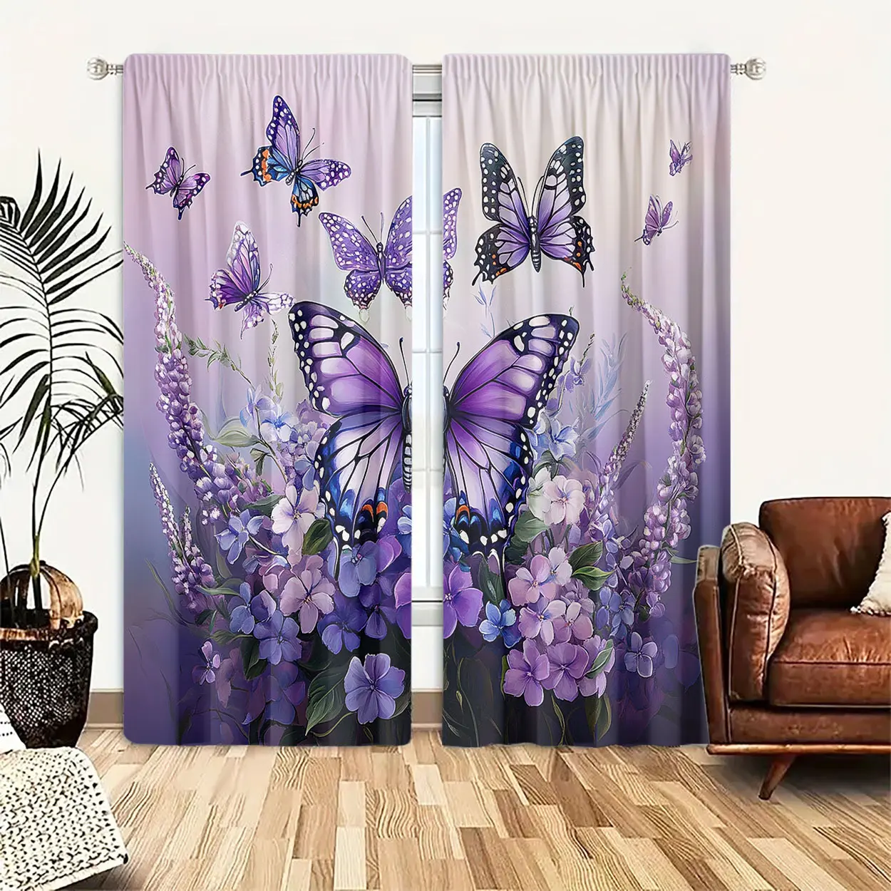 Home Decoration Curtains, 2-Piece Purple Butterfly & Floral Print Sheer Rod Pocket Curtains - 21.5inch*59inch 2pcs, Fade-Resistant Polyester, No Lining Needed, Machine Washable Modern Textiles for Bedroom, Living Room, Home Decoration Curtain