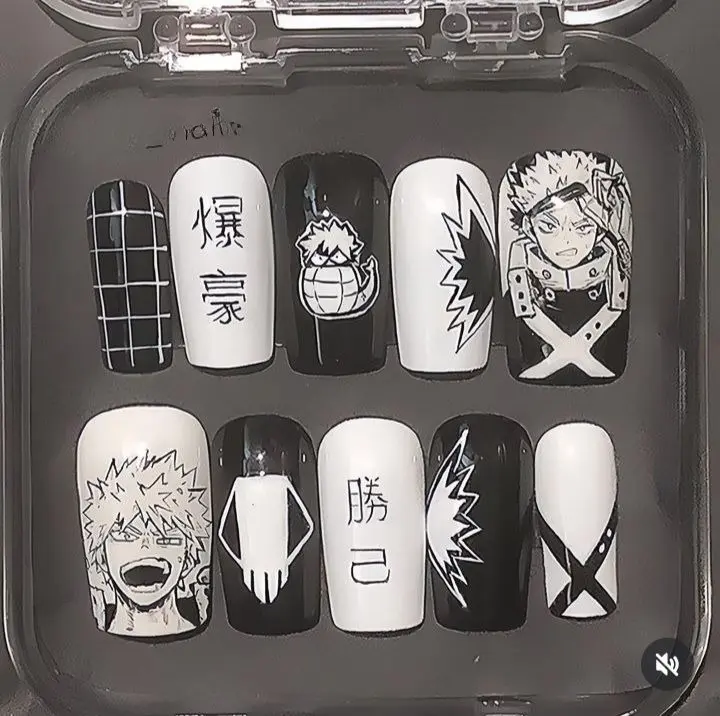 Katsuki Bakugo My Hero Academia Press On Nails, Black White Anime Character Nail Art, Bakugo Kanji Explosion Nails, Handmade Reusable Fake Nails | Gift Set (Adhesive Tabs, Nail File, Cuticle Stick)