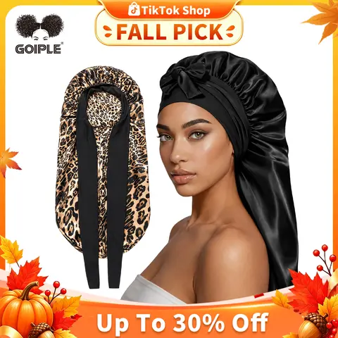 Goiple Women's Satin Braid Bonnet Silk Sleep Cap, 2-Count Large Long Elastic Tie Band Cap for Adults - Full Coverage, Heatless Multifunctional Hair Maintenance Selfcare Styling Tool (Black&Leopard Print)