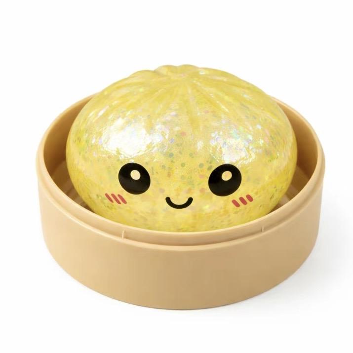 Glitter Smiling Dumpling Squishy with Steamer Box – Maltose Texture Soft TPR Fidget Toy for Kids & Adults, Cute Emoji Squeeze Ball, Ideal for Stress Relief & Gifting