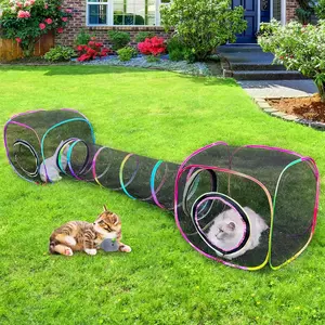Portable Outdoor Cat Enclosures Breathable Kitty Tent Cat Tunnel with Carry Bag 2 Mouse Toys for Indoor Cats (2 Cubes + Run Tunnel)