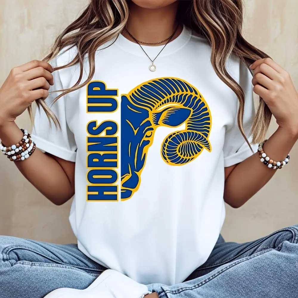 Horns Up Ram Head Graphic, T-Shirt, College Football Game Day Spirit Wear, Casual Outdoor Sports Fan Apparel
