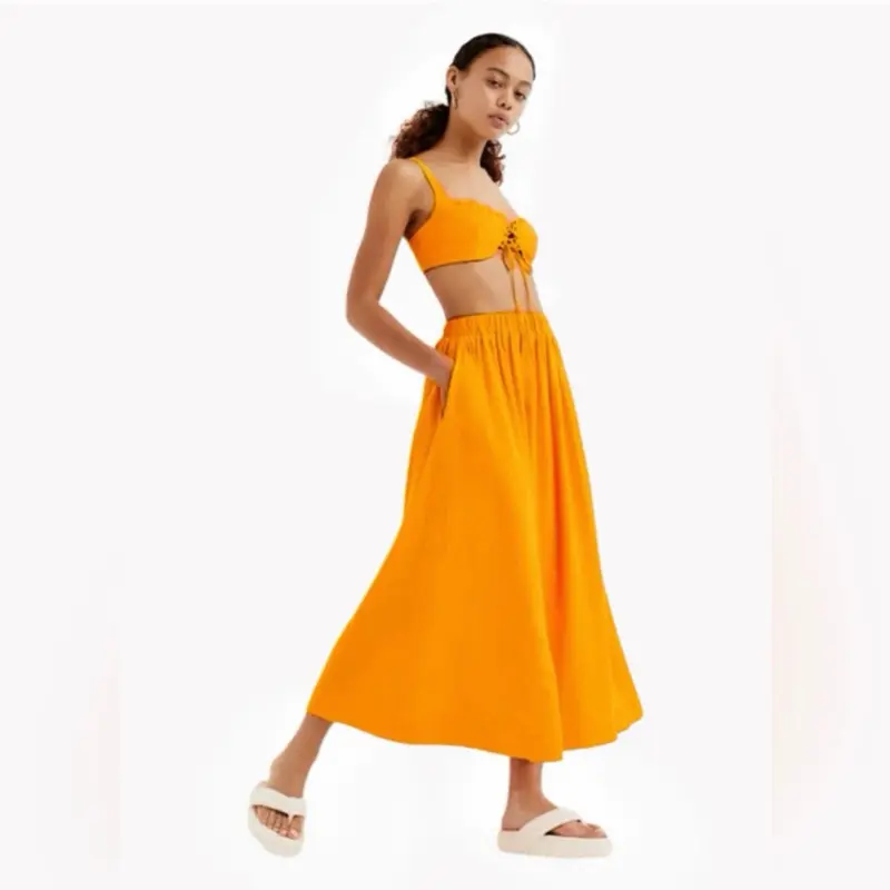 (L) FOR LOVE & LEMONS Clementine Midi Skirt and Bra Top, Size L, Retail $345 Orange Clothes