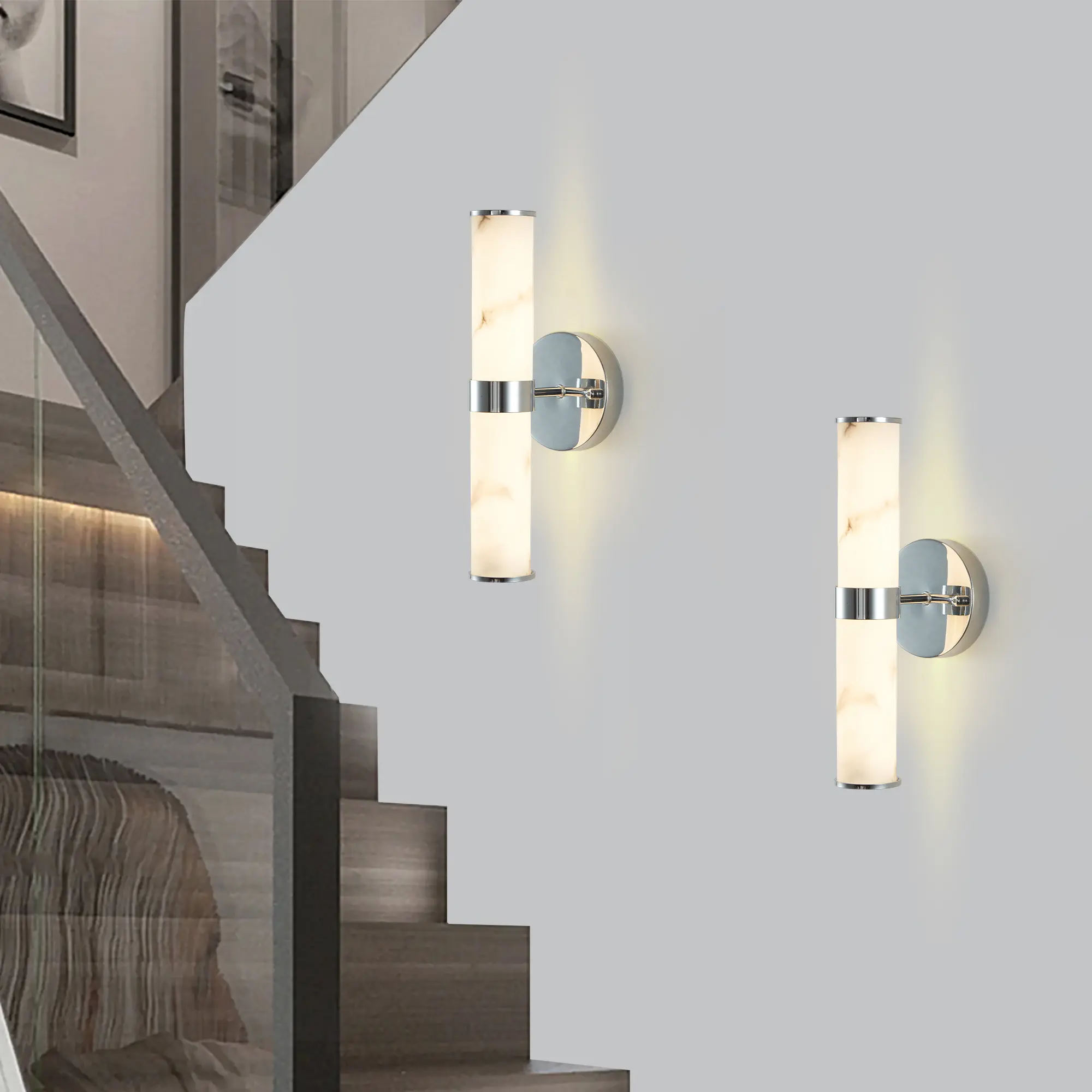 Modern Vertical LED Wall Sconce Set of 2 with Imitation Marble Resin and Chrome Finish, Energy-Efficient Lighting for Bathroom, Hallway, Bedroom, Living Room, Indoor Use, 5.5W x 13.8H Inches