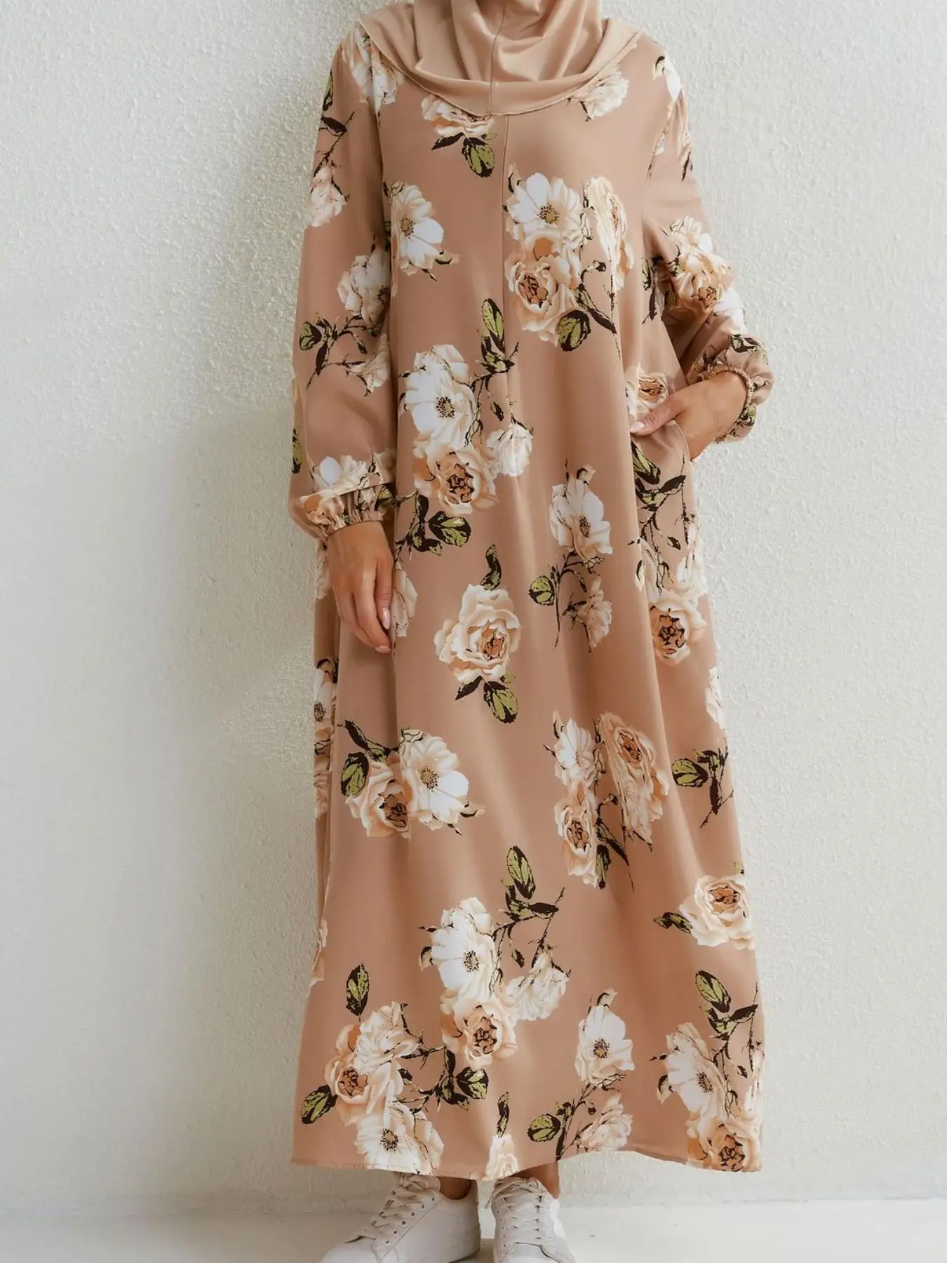 Arabic Clothing-Floral Print Bishop Sleeve Zipper Maxi Dress with Pockets, Casual Long Kaftan Dresses for Women All Seasons Daily Wear, Muslim Clothes