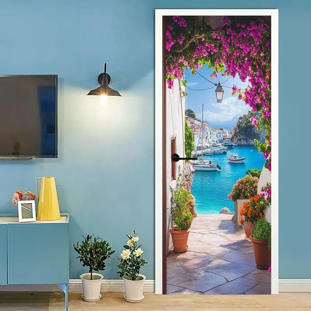 Modern Ocean & Urban Landscape Artistic Decorative Door Mural Sticker, Self-Adhesive Removable Wall Decal, Vibrant Clouds Design, Home Decor, Contemporary Style