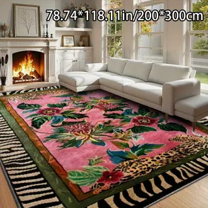 1pc Velvet Floral Area Mat - Vibrant Pink, Green & Blue Floral Design with Black Leopard Print Border, Machine Washable Polyester for Living Room, Bedroom, Outdoor Spaces, Rugs for Living