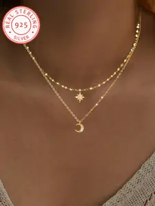925 Silver Color Multilayer Necklace for Women, Double Layer Zircon Star Moon Pendant, Elegant Fashion Jewelry Gift
